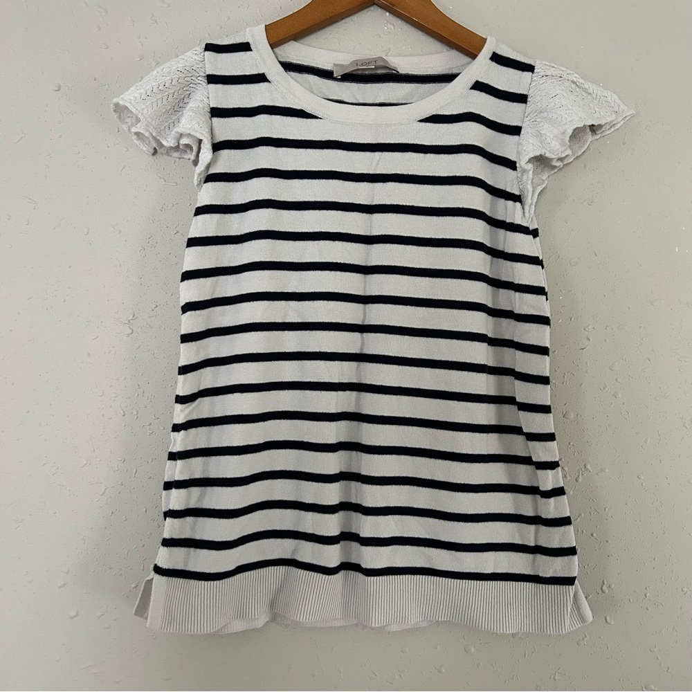 Loft Cream Blue Stripes Lace Ruffle Sleeves Sweater Top Blouse Small